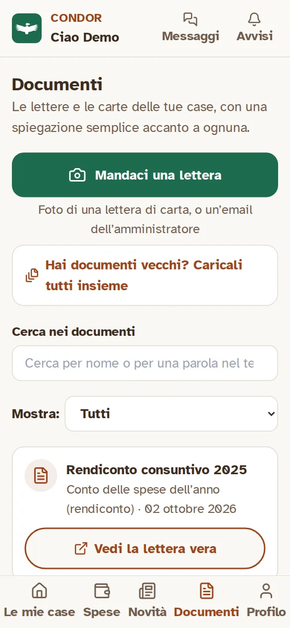 La pagina Documenti del portale: il tasto «Mandaci una lettera» per la foto di una lettera di carta, la ricerca nei documenti e l’elenco delle carte della casa.