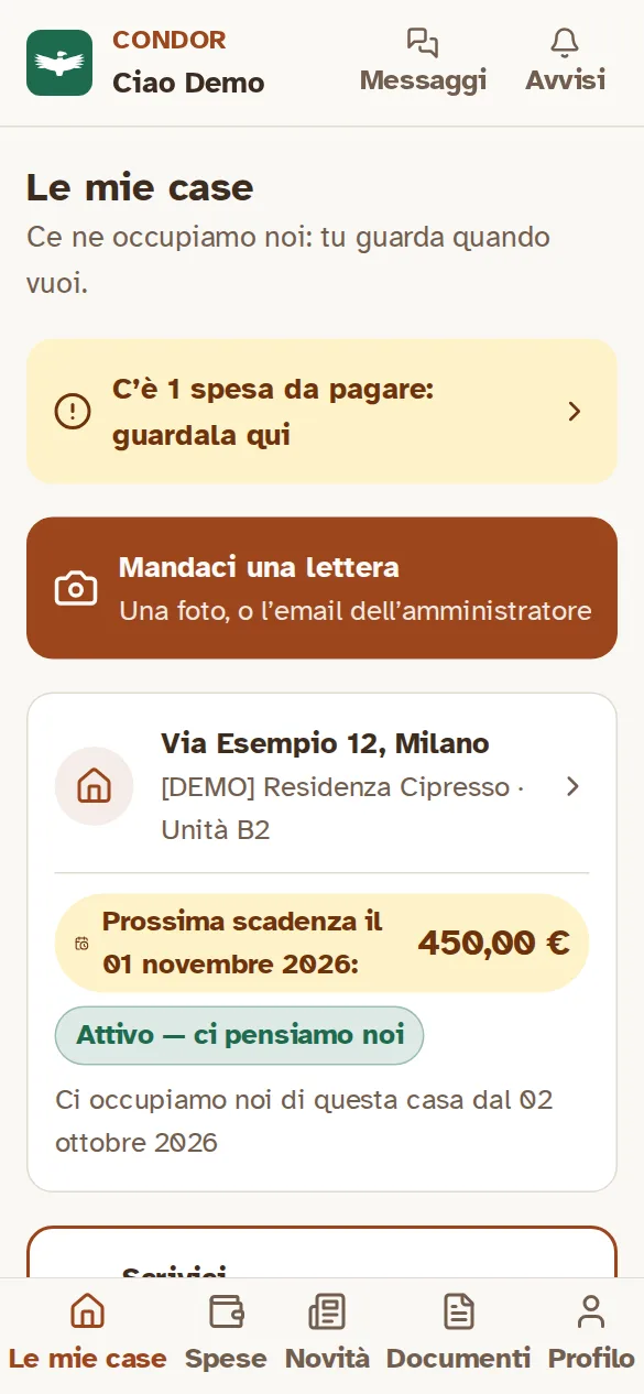 La prima pagina del portale su un telefono: in alto l’avviso «C’è 1 spesa da pagare», poi il tasto «Mandaci una lettera» e la scheda della casa con la prossima scadenza e l’importo.