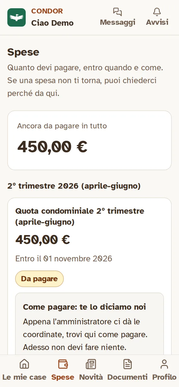 La pagina Spese del portale: in alto quanto resta da pagare in tutto, sotto la quota del trimestre con l’importo, la data entro cui pagarla e la scritta «Da pagare».